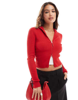 Cotton:on Cotton On Double Zip Ribbed Collar Cardigan In Cherry-red