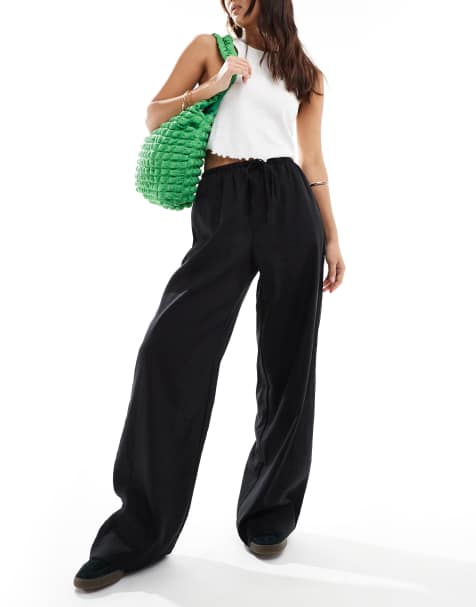 Cotton On drawstring straight leg trousers in black linen - view 1