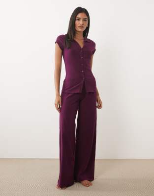 Cotton On Dreamy Button Down Top And Flared Pants Pajama Set In Purple