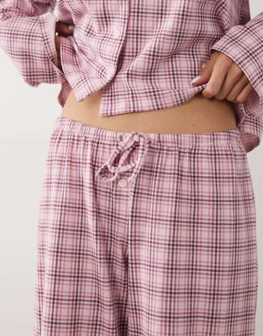 Cotton On dreamy soft pyjama boxy shirt and flare trouser in pink micro check, 3 of 4