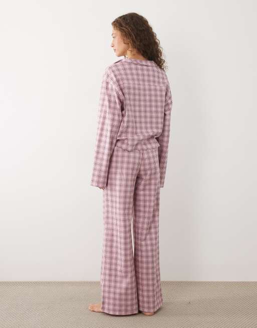 Cotton On – Dreamy – Weicher Pyjama mit kastigem Hemd und Schlaghose in Rosa mit Mikro-Karomuster, 4 von 4