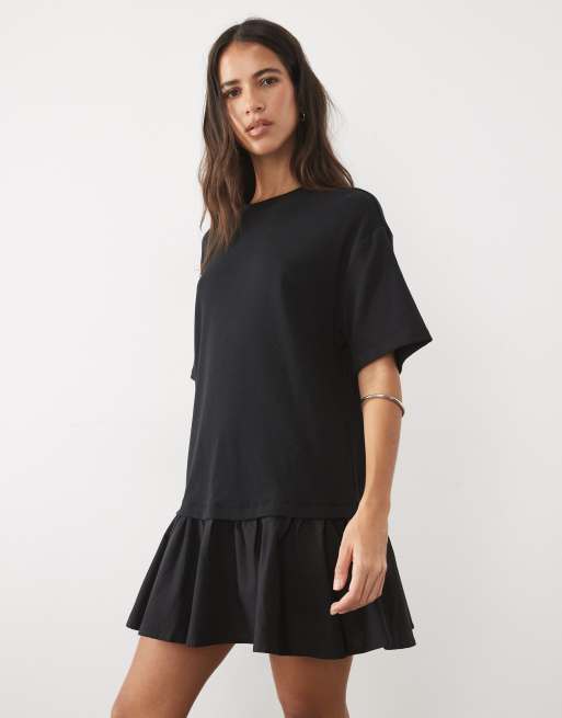 Cotton On drop waist ruffle hem mini dress in black, 2 of 4