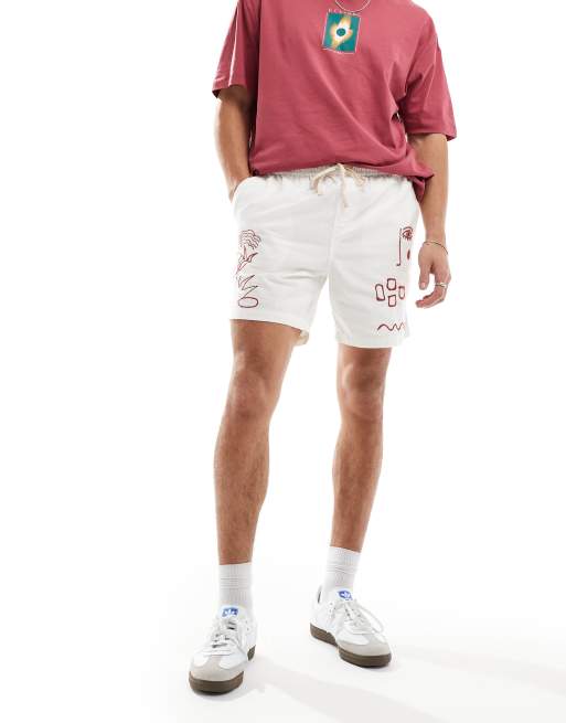 Cotton On easy shorts with drawstring waist in ecru with doodle embroidery