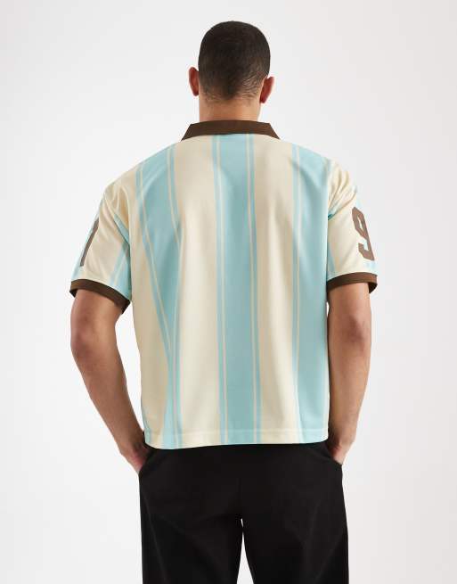 Cotton On - Elfenbenshvid og blå oversized polo med grafik og striber i firkantet pasform, 3 af 5