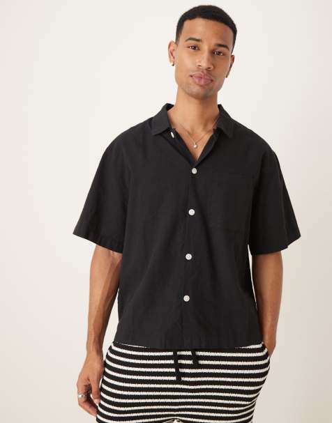 Cotton On Eli linen blend short sleeve shirt in textured black 