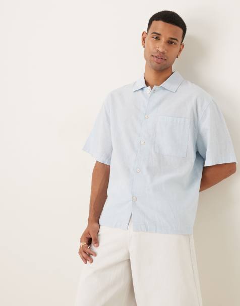 Cotton On Eli linen blend short sleeve shirt in textured summer blue 
