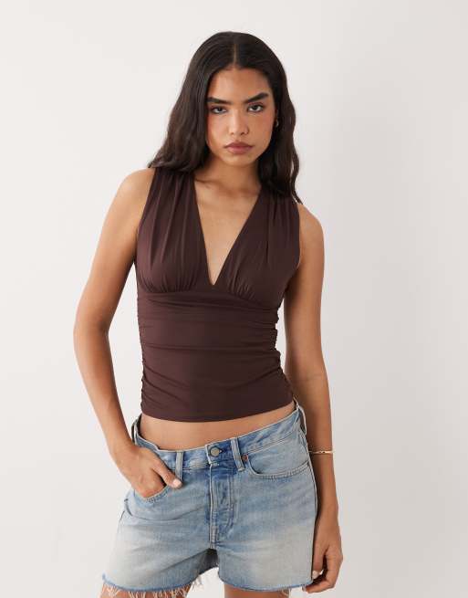 Cotton On - Ellie - Top marón roble oscuro con cuello halter cruzado, 3 de 4