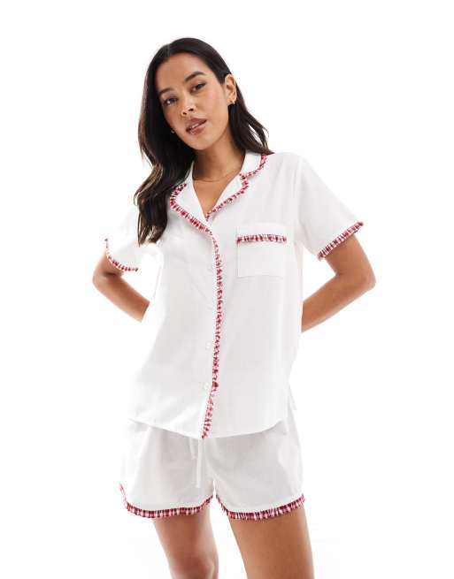 Cotton On - Ensemble de pyjama à volants tissés - Lait de coco et cerise chaud
