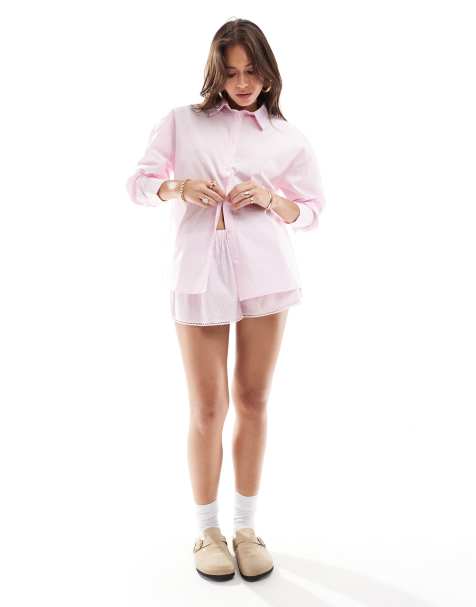 Cotton On - Ensemble de pyjama avec short et top manches longues en popeline à fines rayures - view 1