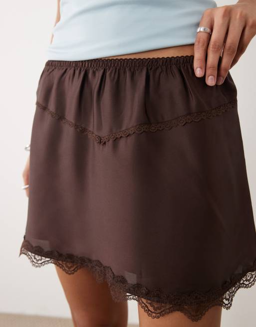 Cotton On Estelle mini satin skirt with lace trim in brown, 3 of 5