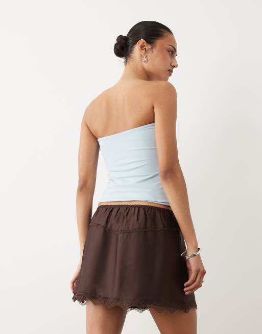 Cotton On Estelle mini satin skirt with lace trim in brown, 5 of 5