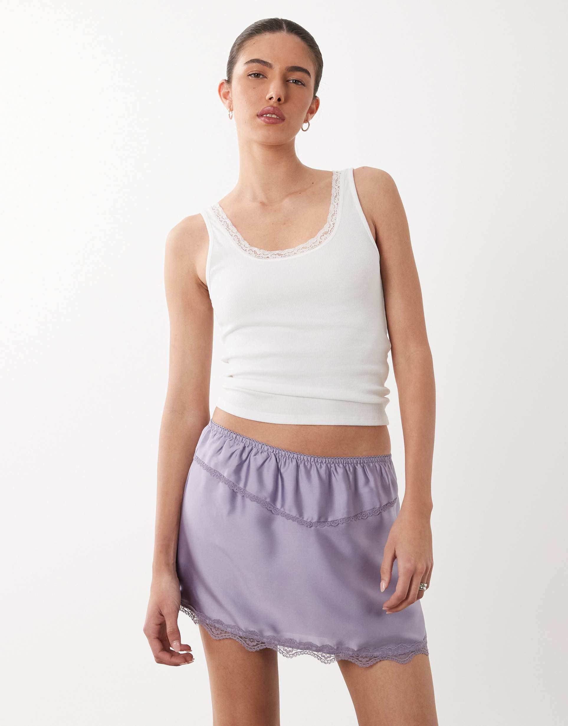 cotton on estelle mini satin skirt with lace trim in lilac purple