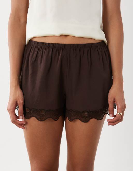 Cotton On estelle satin lace mini short in dark oak, 4 of 5