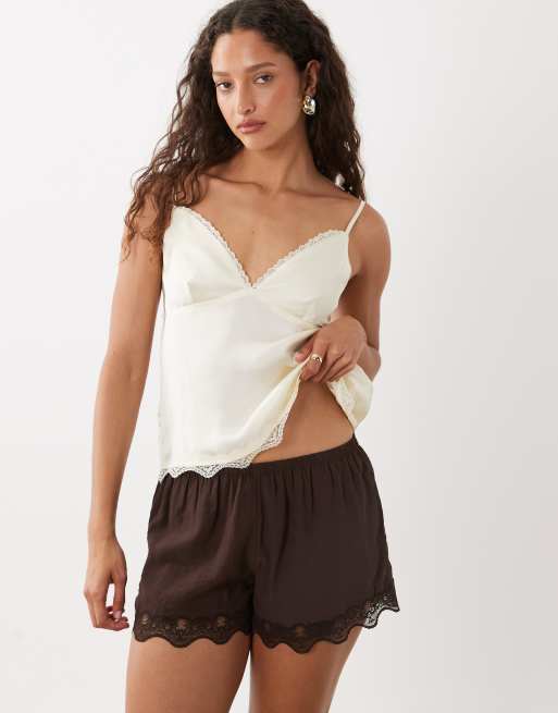 Cotton On estelle satin lace mini shorts in dark oak, 2 of 5