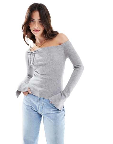 Cotton On everfine asymmetric long sleeve pullover knit in gray heather - view 1