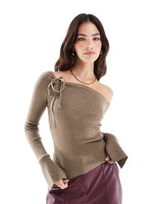 Cotton:On Cotton On everfine asymmetric long sleeve pullover knit in mocha heather-Brown