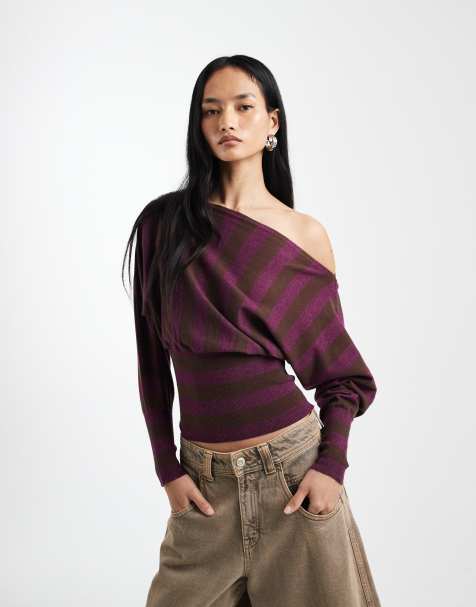 Cotton On Everfine batwing knit top in blackberry/oak stripe - view 1