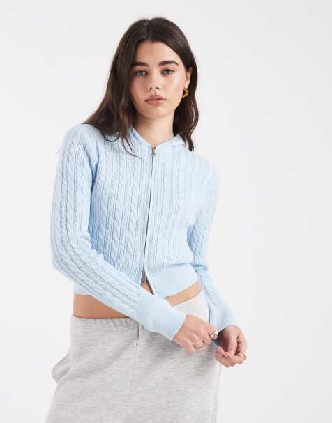 Cotton On everfine cable knit double zip up hoodie in seaside blue - view 1