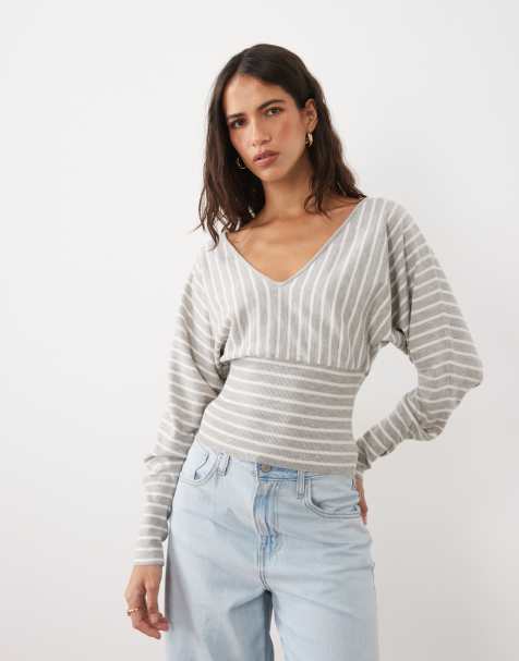 Cotton On everfine cinched v-neck knit in grey marble stripe - view 1