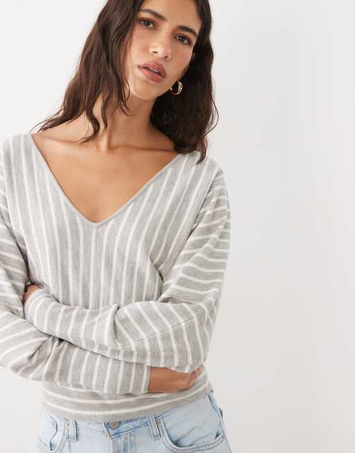 Cotton On everfine cinched v-neck knit in grey marble stripe, 2 of 4