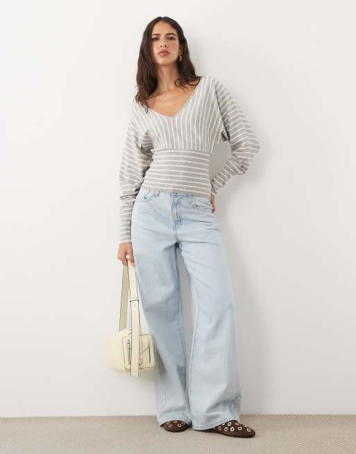 Cotton On everfine cinched v-neck knit in grey marble stripe, 3 of 4