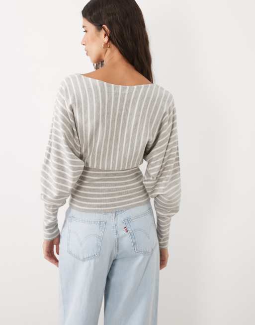 Cotton On everfine cinched v-neck knit in grey marble stripe, 4 of 4