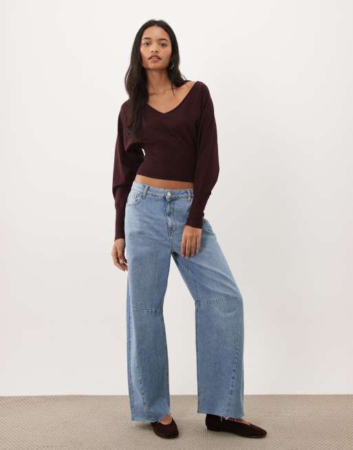 Cotton On Everfine cinched v-neck knit jumper in sour cherry stripe, 3 of 4