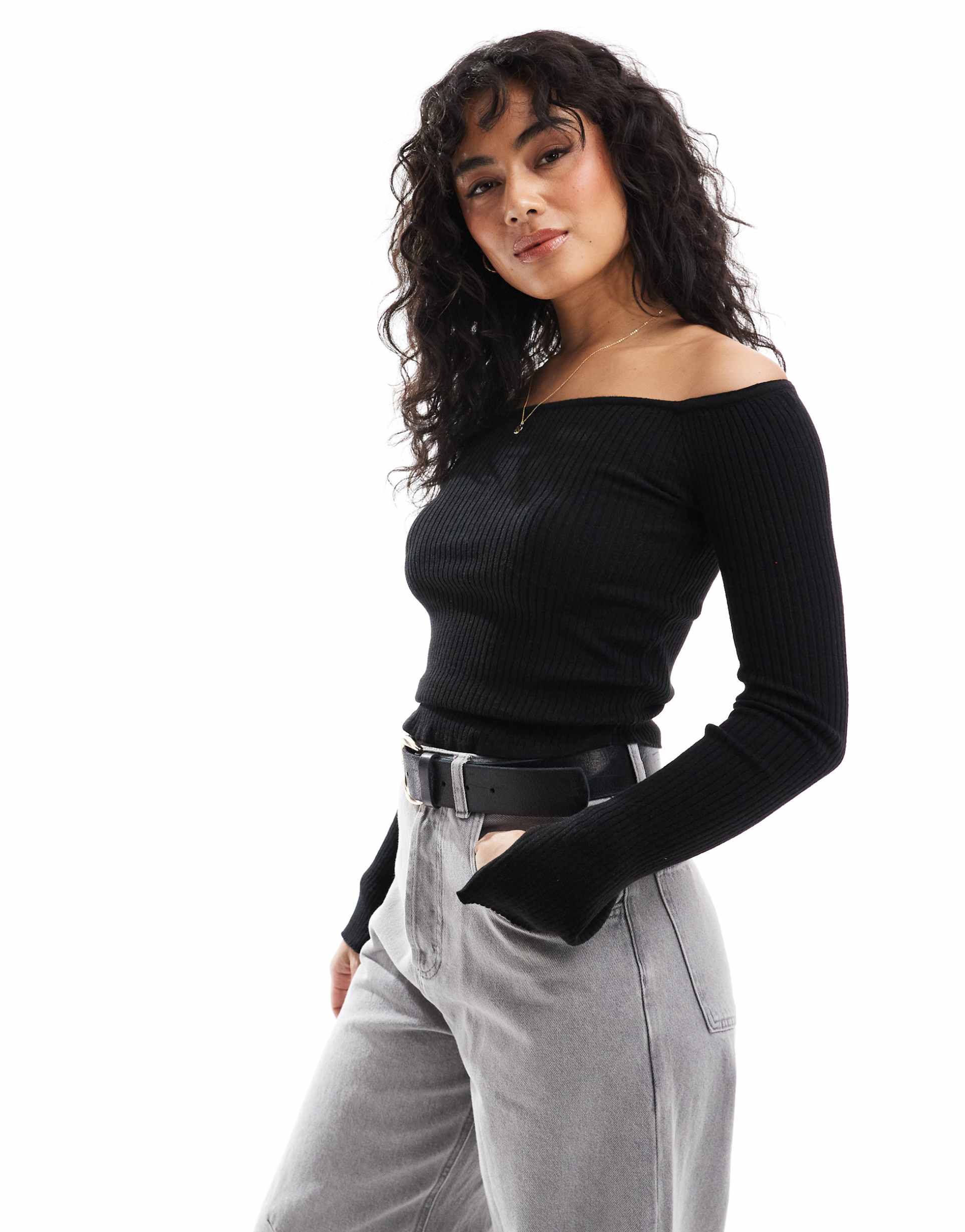 cotton on everfine curve hem off shoulder lightweight sweater in black
