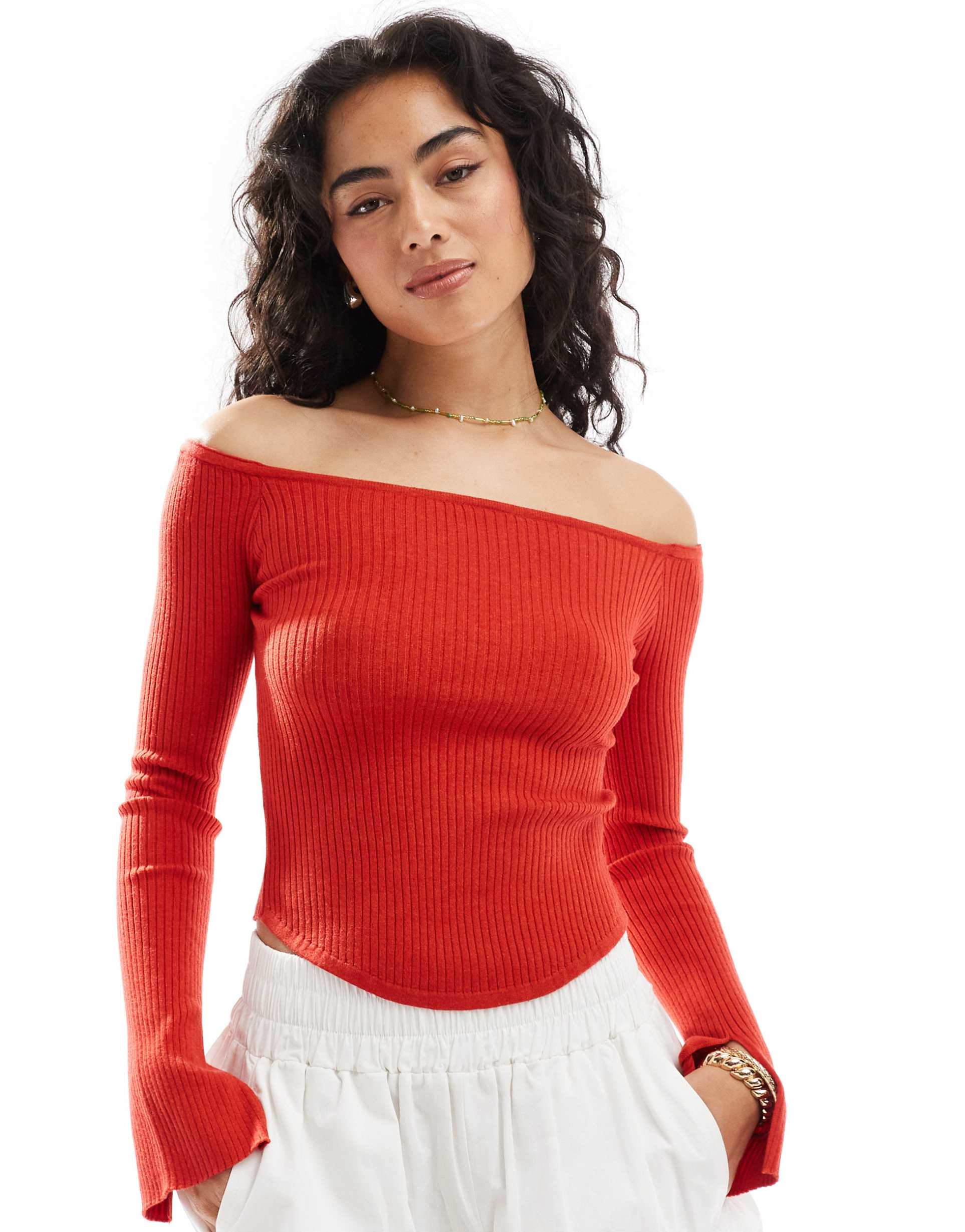 cotton on everfine curve hem off shoulder lightweight sweater in red