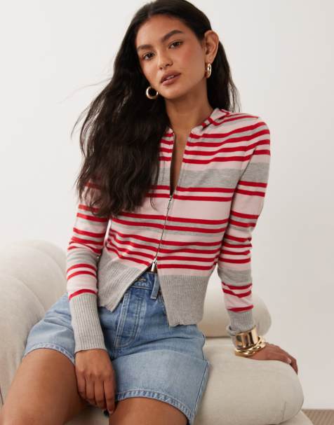 Cotton On everfine fitted hooded knit in petal red grey marle stripe - view 1