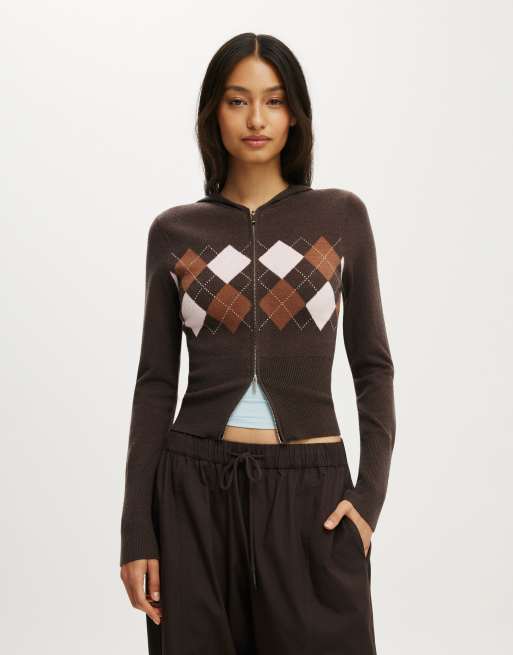 Cotton On Everfine hooded knit in dark oak argyle, 2 of 4