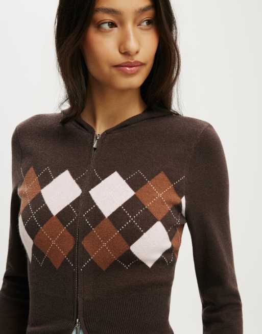 Cotton On Everfine hooded knit in dark oak argyle, 3 of 4
