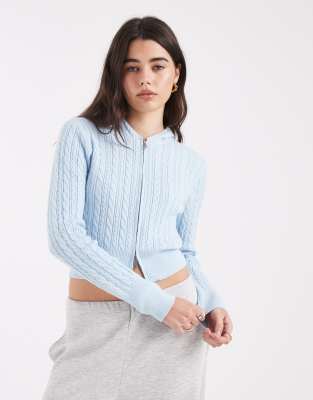 Everfine - Kapuzenpullover in Seaside-Blau mit Zopfstrickmuster und Zwei-Wege-Reißverschluss Blau M