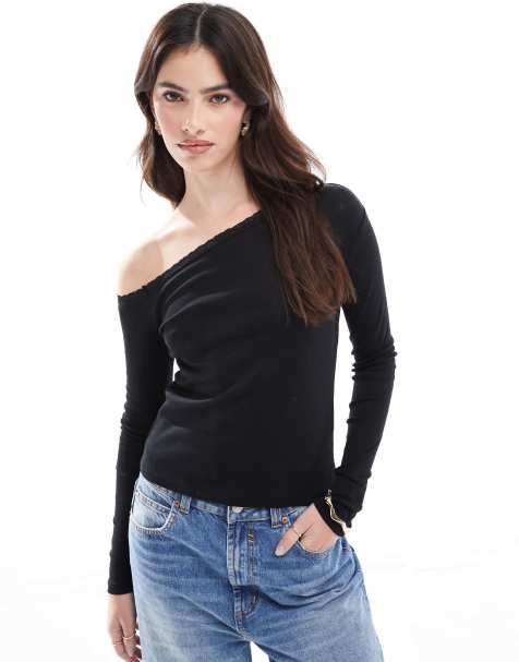 Cotton On – Everfine – Langärmliger Strickpullover in Schwarz mit asymmetrischem Ausschnitt - view 1
