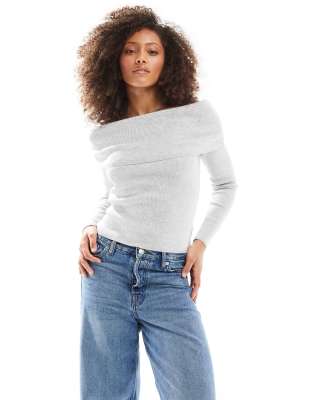 Cotton:On Cotton On everfine rib off shoulder crop knit sweater in gray