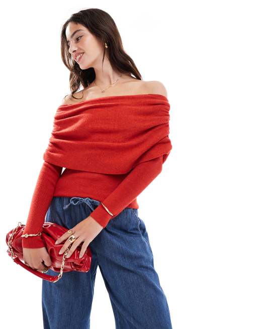 Cotton On Everfine rib ruched off shoulder jumper in red
