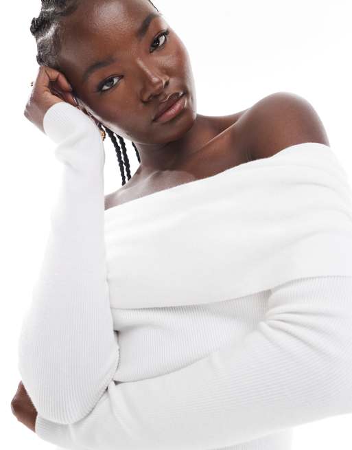 Cotton On everfine rib ruched off shoulder jumper in white