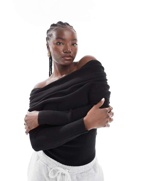 Cotton On Everfine rib ruched off shoulder top in black - view 1