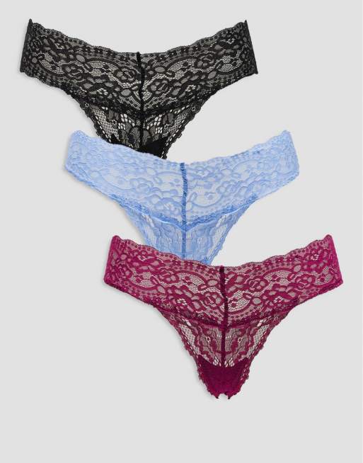 Cotton On - Everyday - Confezione da 3 paia di perizomi in pizzo color mora, blu e nero