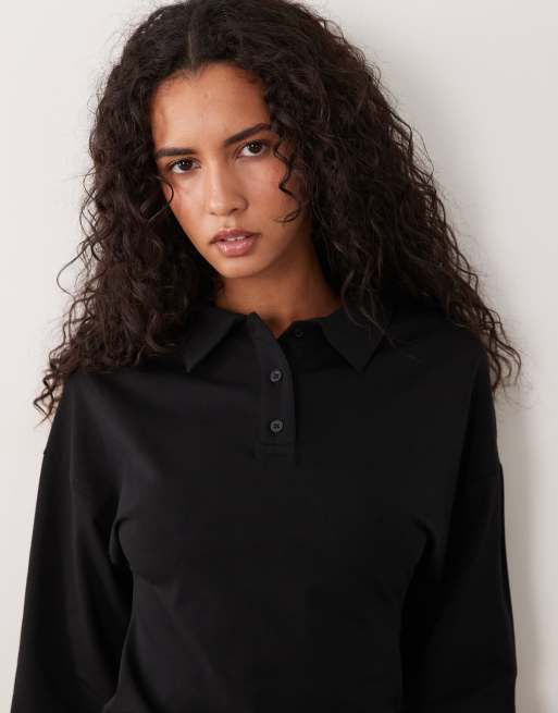 Cotton On everyday gladde polo met lange mouwen in zwart, 3 van 4