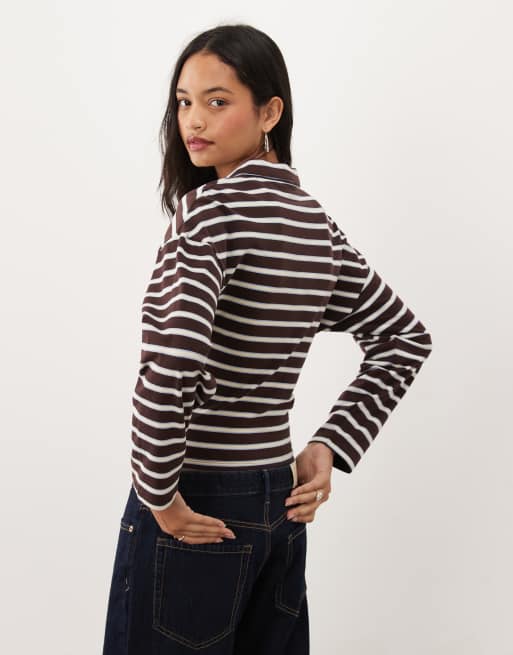 Cotton On - Everyday - Polo a maniche lunghe liscia color rovere scuro a righe, 3 di 4