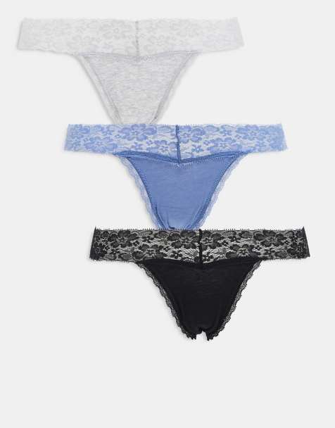 Cotton On - Everyday - Set van 3 comfortabele kanten strings in zwart, grijs en blauw - view 1