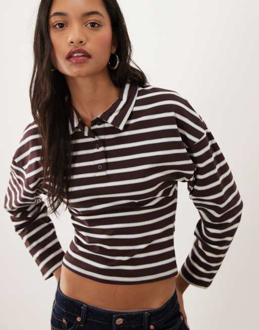 Cotton On Everyday Smooth Langarm-Polo in dunkler Eichenstreifen-Optik, 2 von 4