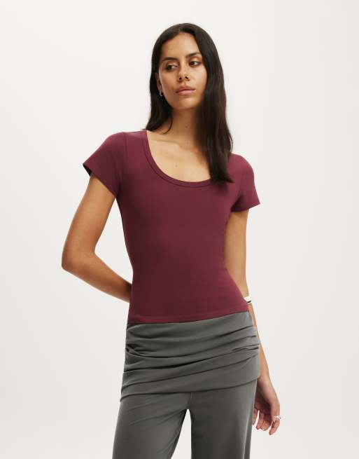 Cotton On Everyday smooth scoop neck tee in burgundy, 2 of 4