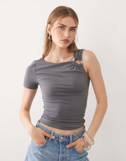 Cotton On eyelet off the shoulder sinched waist top in urban grey, 2 of 4