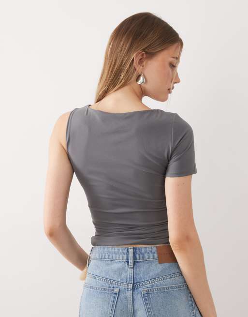 Cotton On eyelet off the shoulder sinched waist top in urban grey, 4 of 4