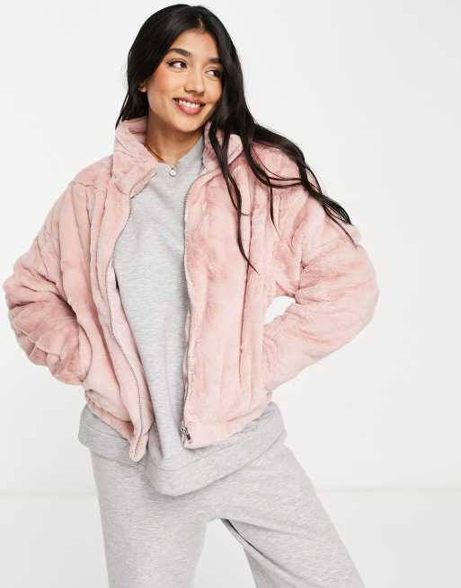 Pink faux fur cropped cheap jacket