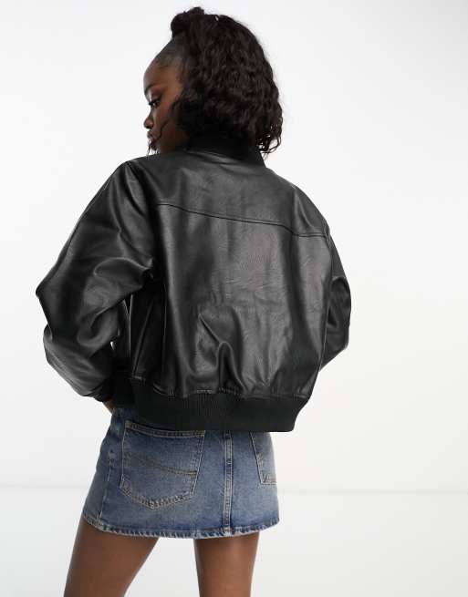 Cotton On faux leather bomber jacket in black