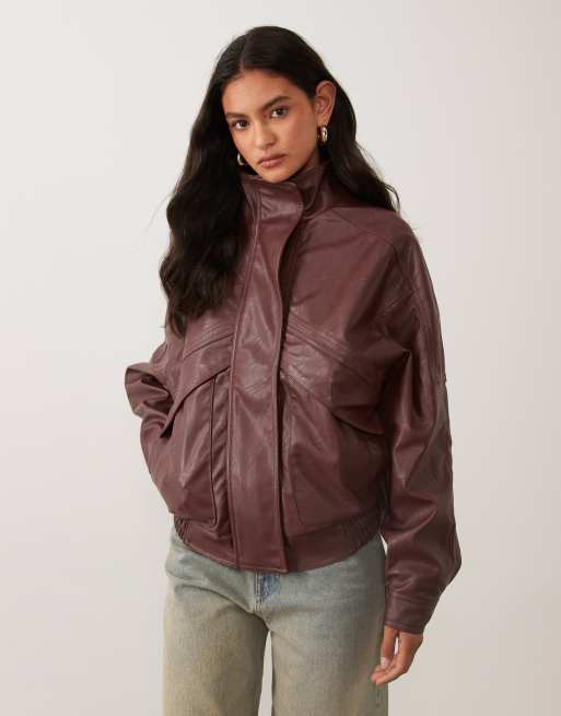 Cotton On faux leather bomber jacket in wild cherry, 3 of 4