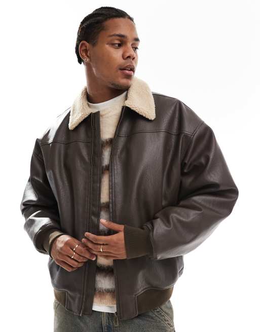 Cotton On faux leather flight jacket with shearling collar brown